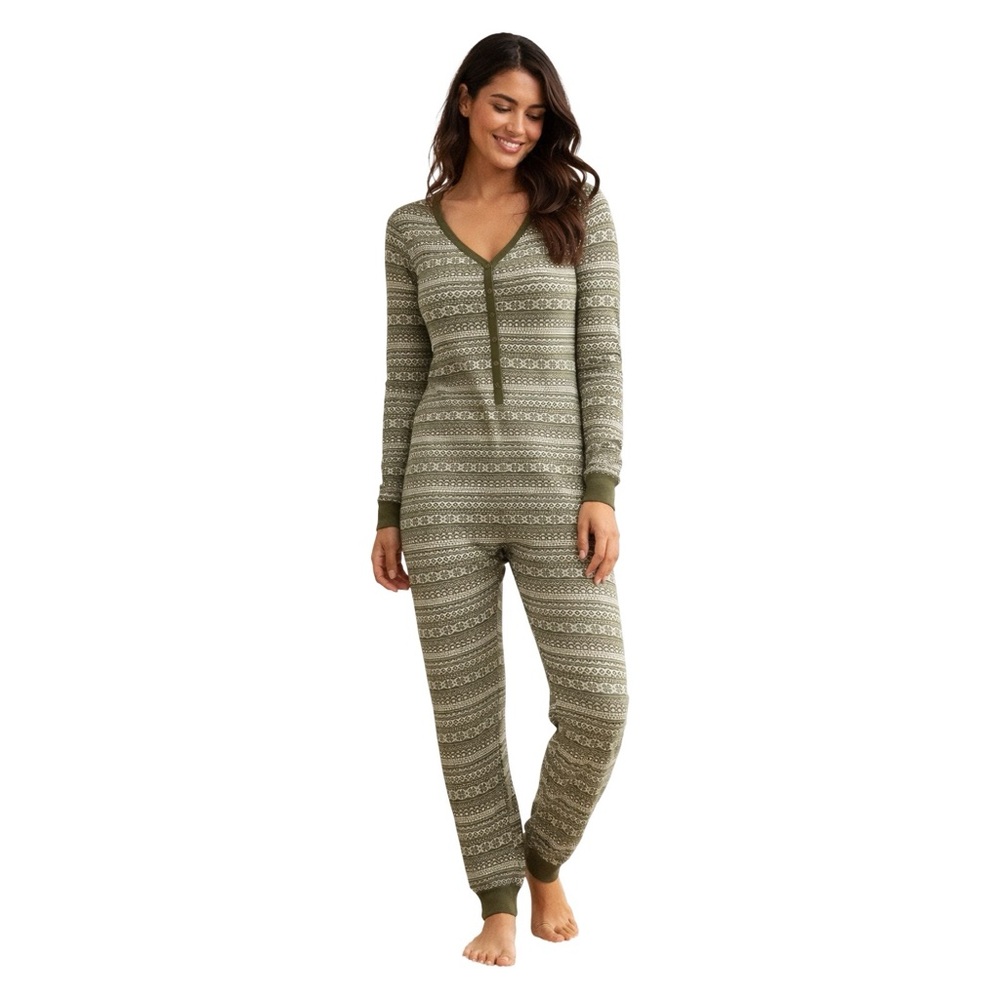 BP. Green Fair Isle Button-Front Thermal Onesie – Size L